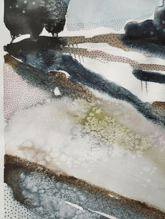 "Pejzaż jesieni" zestaw 3 akwareli o dużym formacie 30×40 cm. Unikat