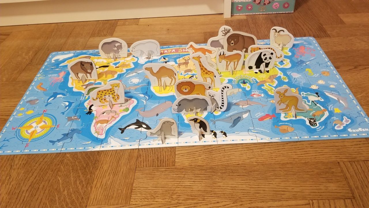 Puzzle mapa świata zwierzęta