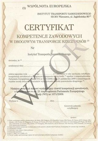 Certyfikat Kompetencji Zawodowych- przewóz rzeczy