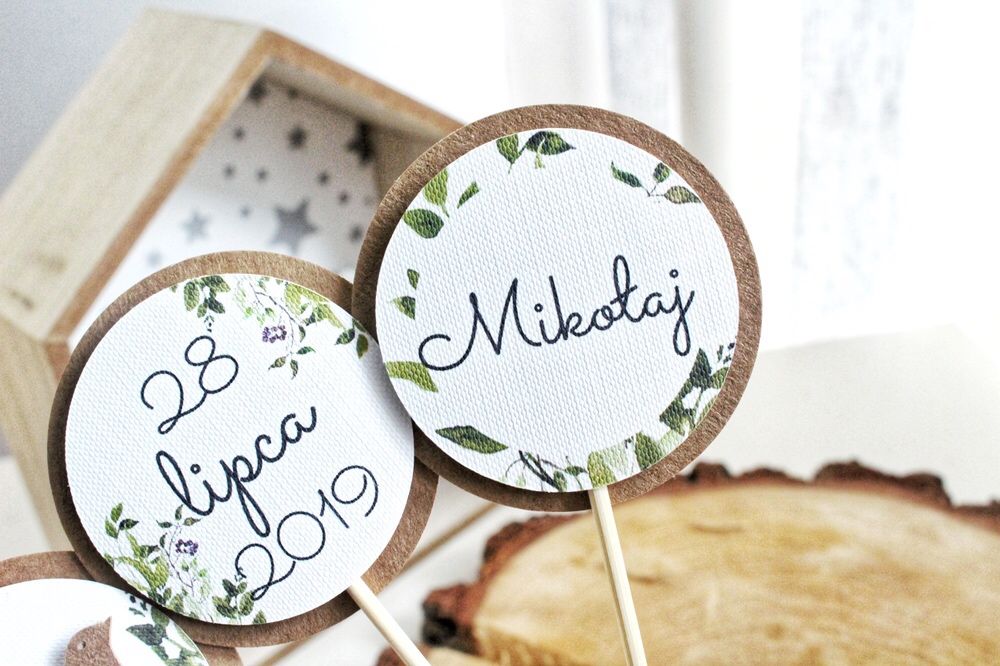 Pikery topper do babeczek dekoracje urodzinowe na chrzest rustykalne