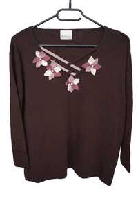 Sweter ROMAN zdobiony kwiatki straps brązowy