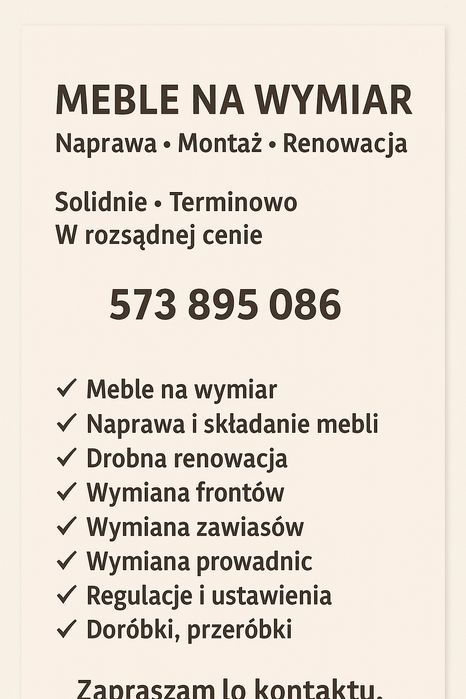 Naprawa ,składanie, wykonanie mebli.Wymiana frontów