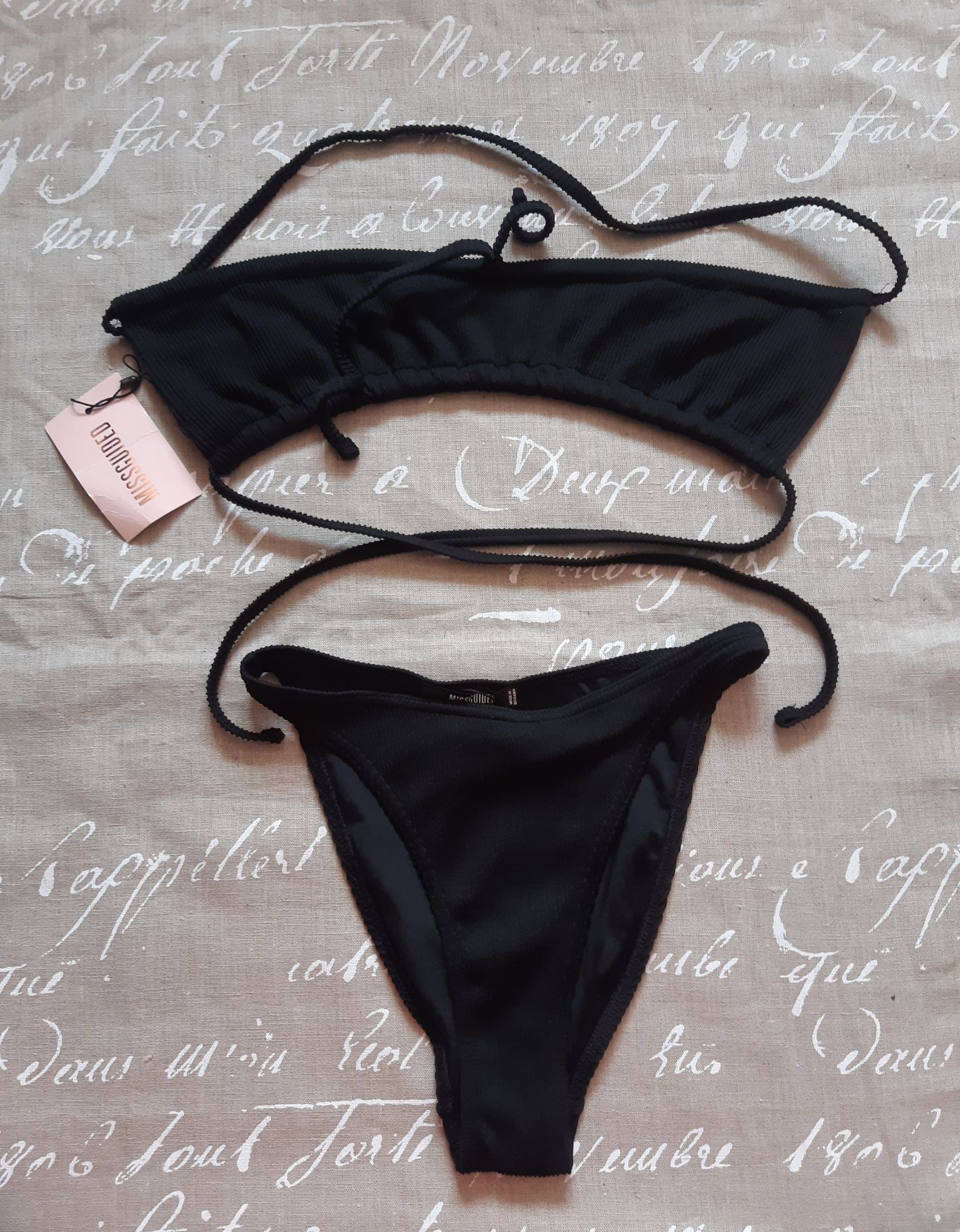 Nowy czarny prążkowany strój kąpielowy dwuczęściowy bikini 32 XXS