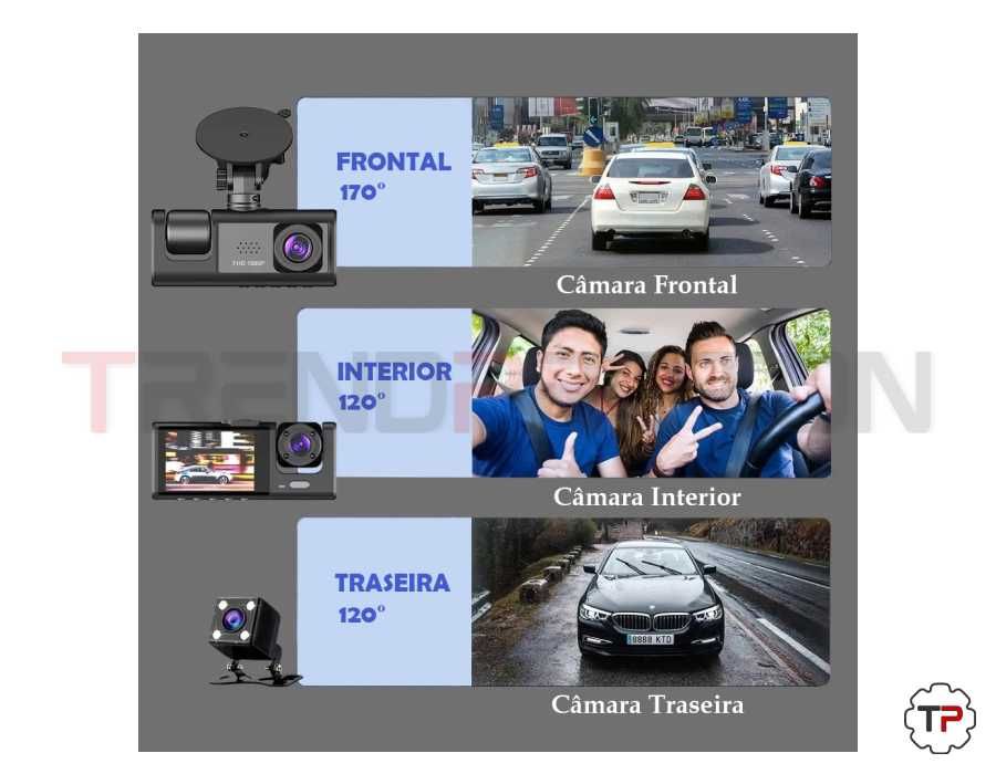 Dash Cam c/ 3 Câmaras (Traseira, Frontal e Interior)