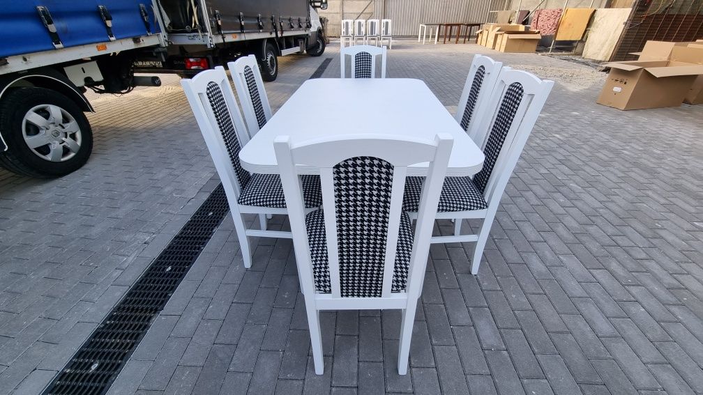 Nowe: Stół 80x140/180 + 6 krzeseł, BIAŁY + PEPITKA, od ręki