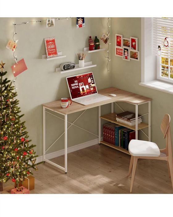 Biurko komputerowe WOLTU narożne L jasny dąb + białe do biura i gier