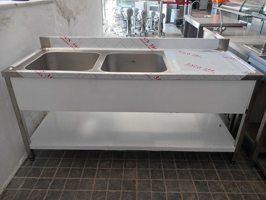 ACM1652 - Bancada de Lavagem Inox 1,8m de 2 Pios 50x50cm - NOVA