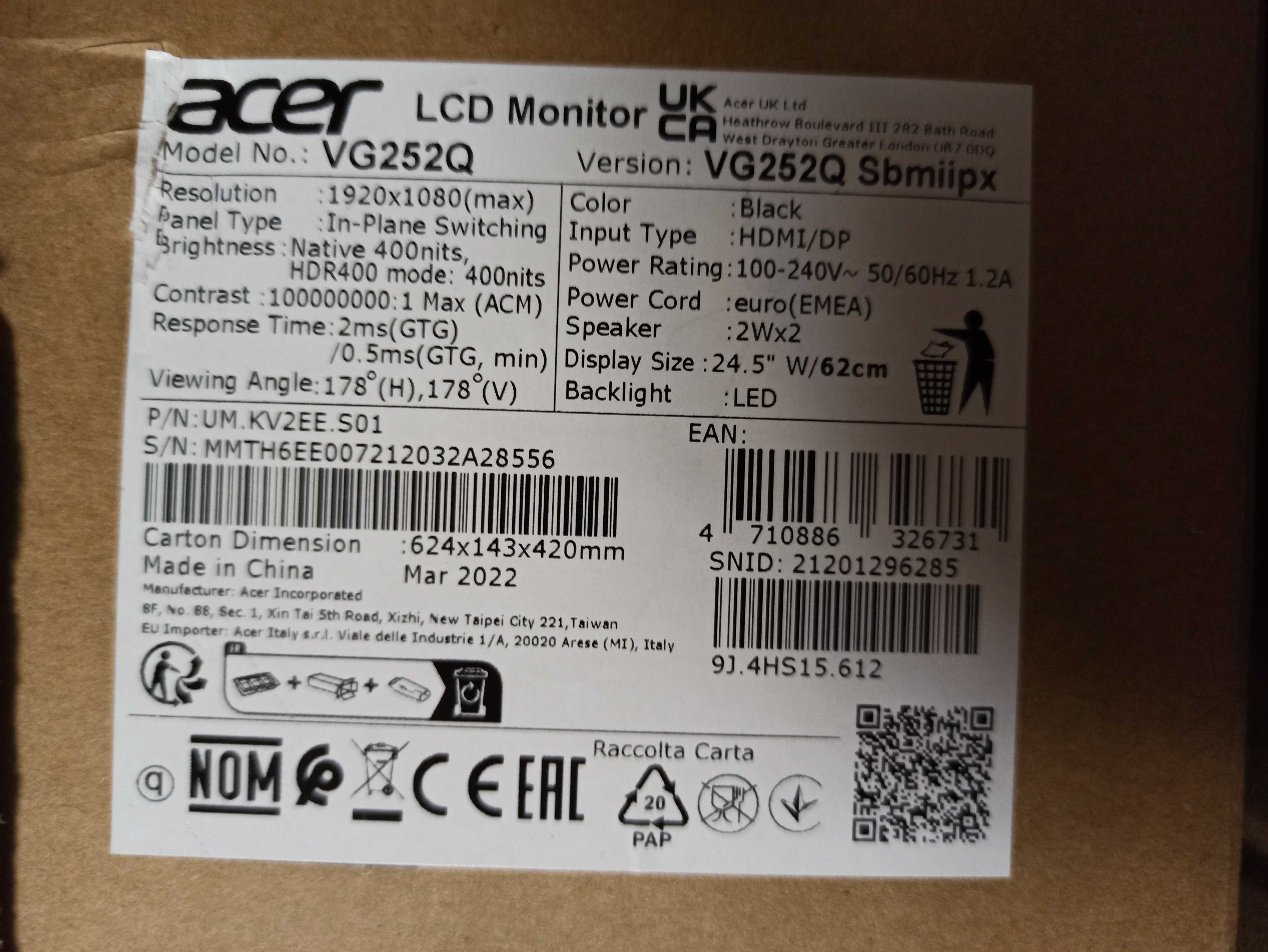 Монитор Acer VG252Q Sbmiipx IPS 165Гц HDR Диагональ: 24.5 (62 см)