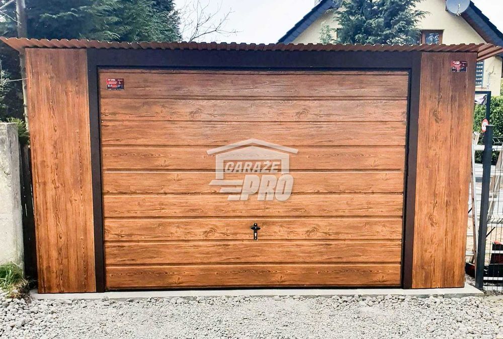Garaż blaszany 4x6 Brama + drzwi Drewnopodobny  Dach spad w tył GP113