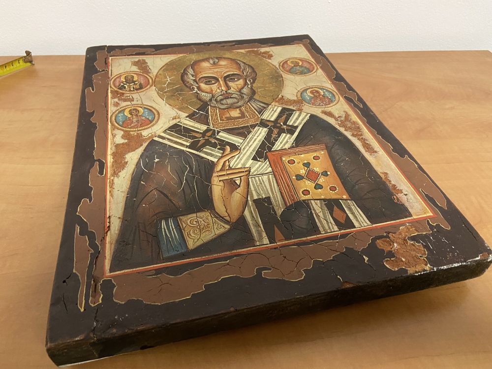 Duża ikona Św. Mikołaj drewno 40x30cm Brzozowski 1978 rękodzieło