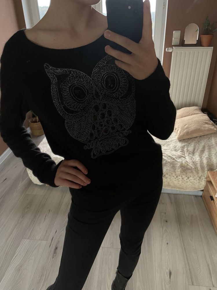 Sweter sweterek przez głowę miękki ciepły sowa damski cyrkonie