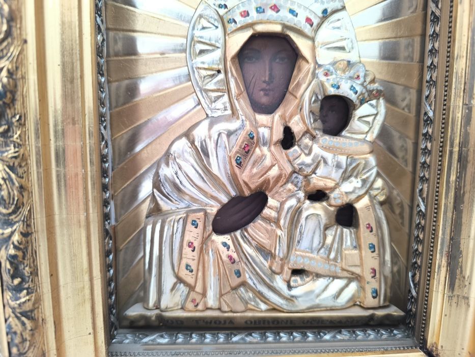 Piękna stara oryginalna XIX wieczna ikona Matki boskiej częstochowskie