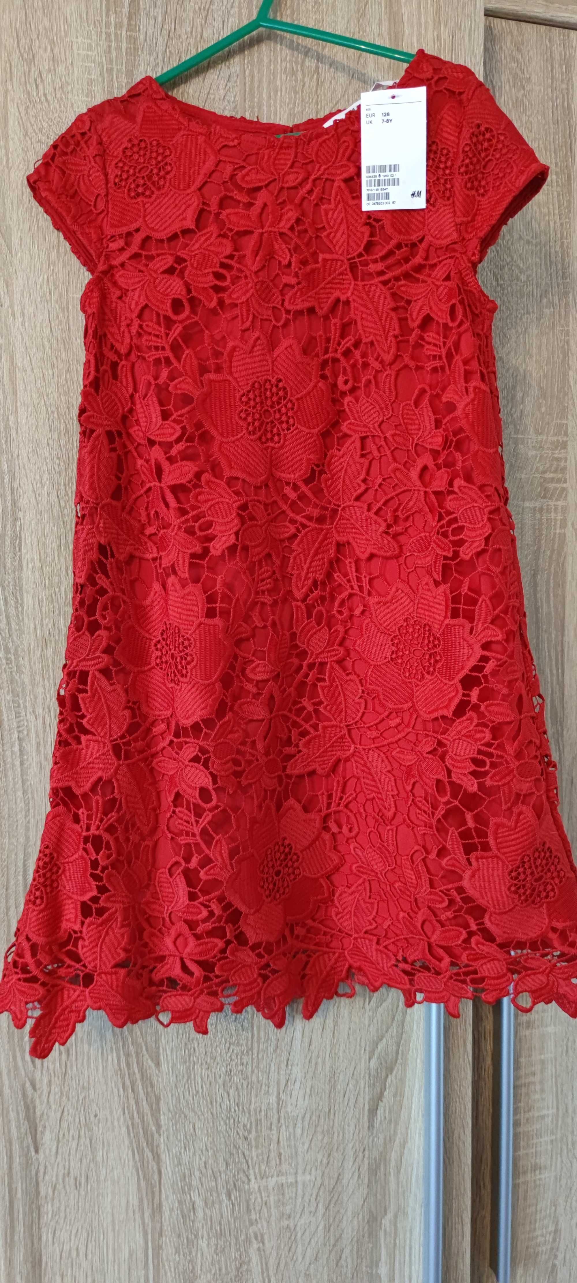 Nowa 128 H&M elegancka sukienka dla dziewczynki koronka gipiura