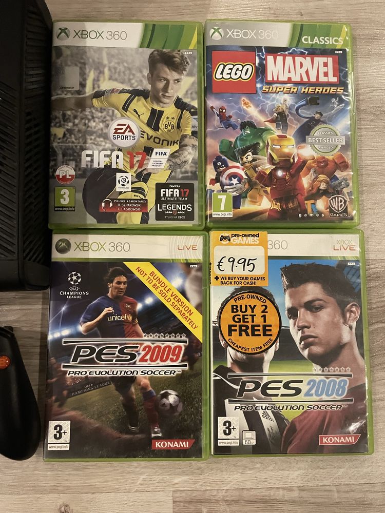 Xbox 360 E + Kinect, 2 pady, 4 gry, oryginalne pudełko