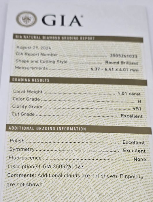 GIA 1,01 ct H/VS1 натуральним діамантом.. Золота каблучка.