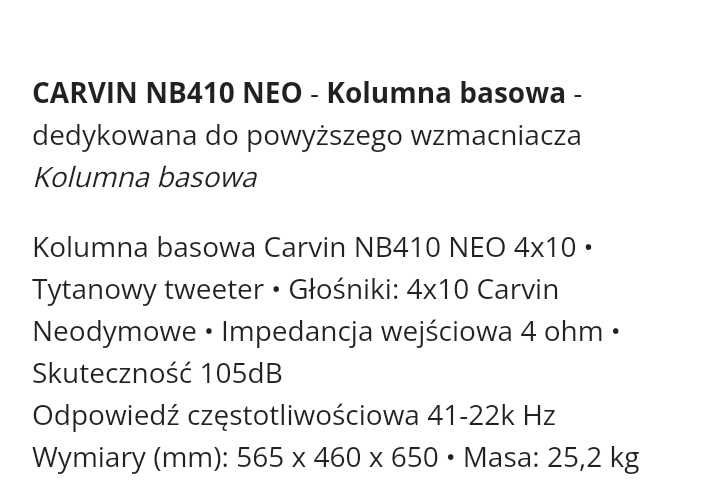 Wzmacniacz basowy Carvin BX1200 + kolumna basowa Carvin NB410 NEO