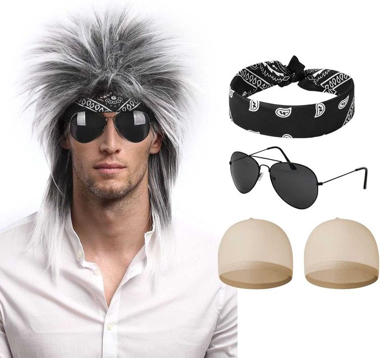 Peruka Rockowa Lata 80 90 Disco Rock Punk Heavy Metal okulary Q538