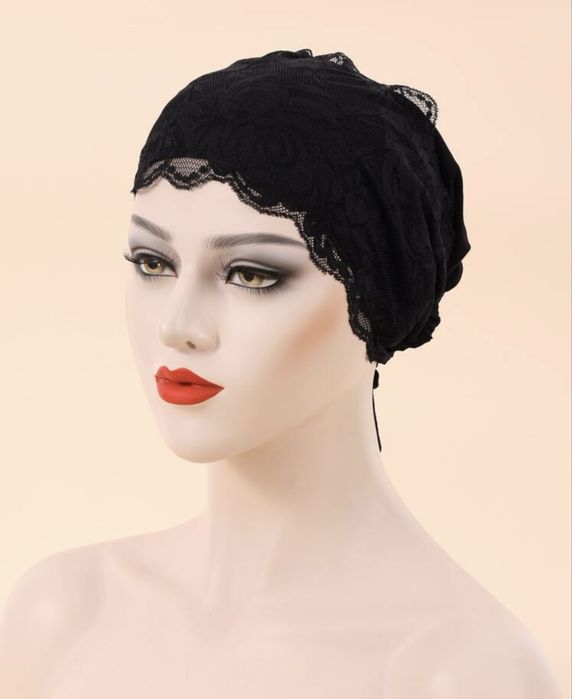 Nowa czarna koronkowa czapka opaska wiązany czepek czarny turban