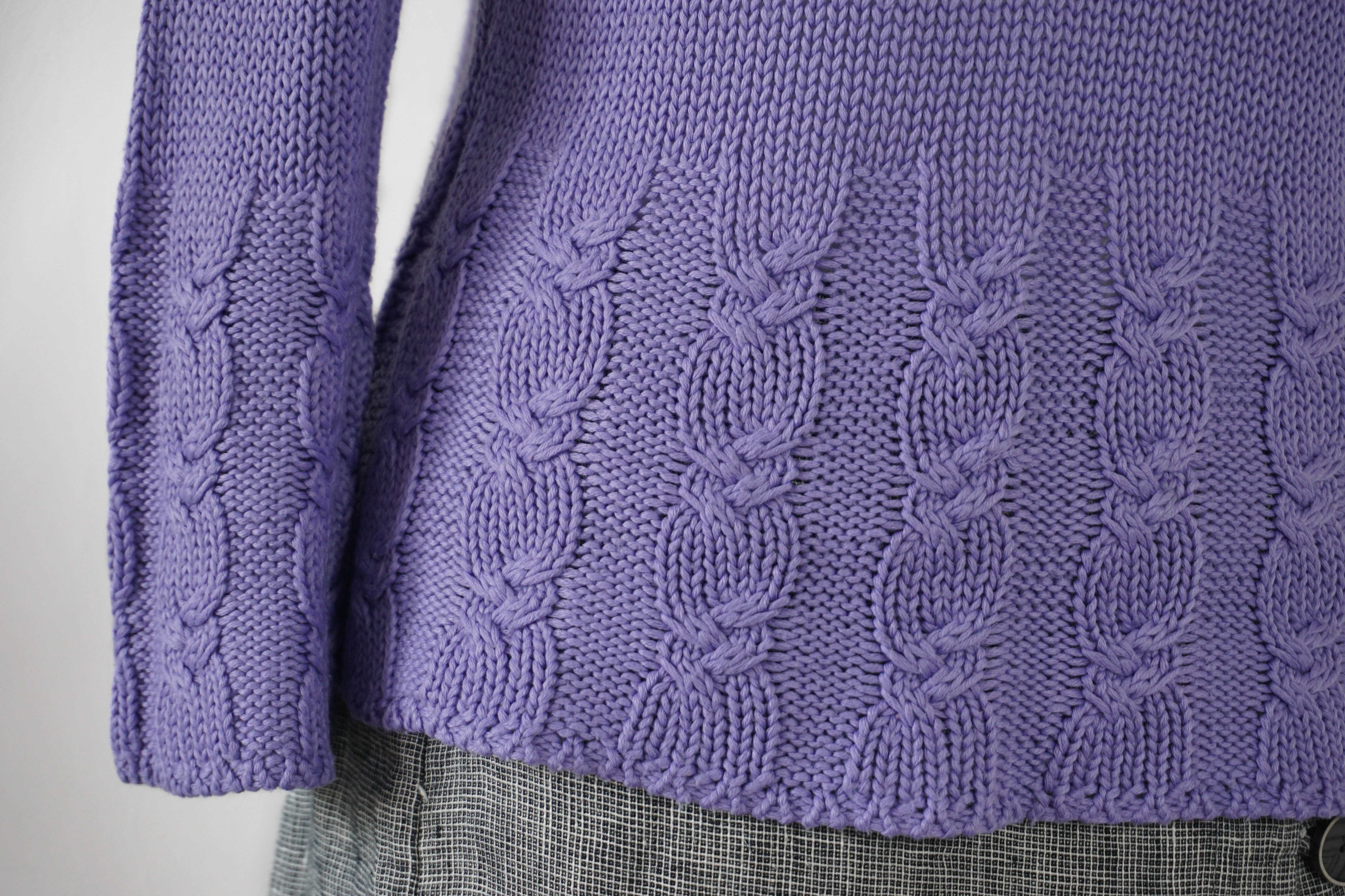 Oryginalny lawendowy sweter z warkocze ciepły sweterek golf L M