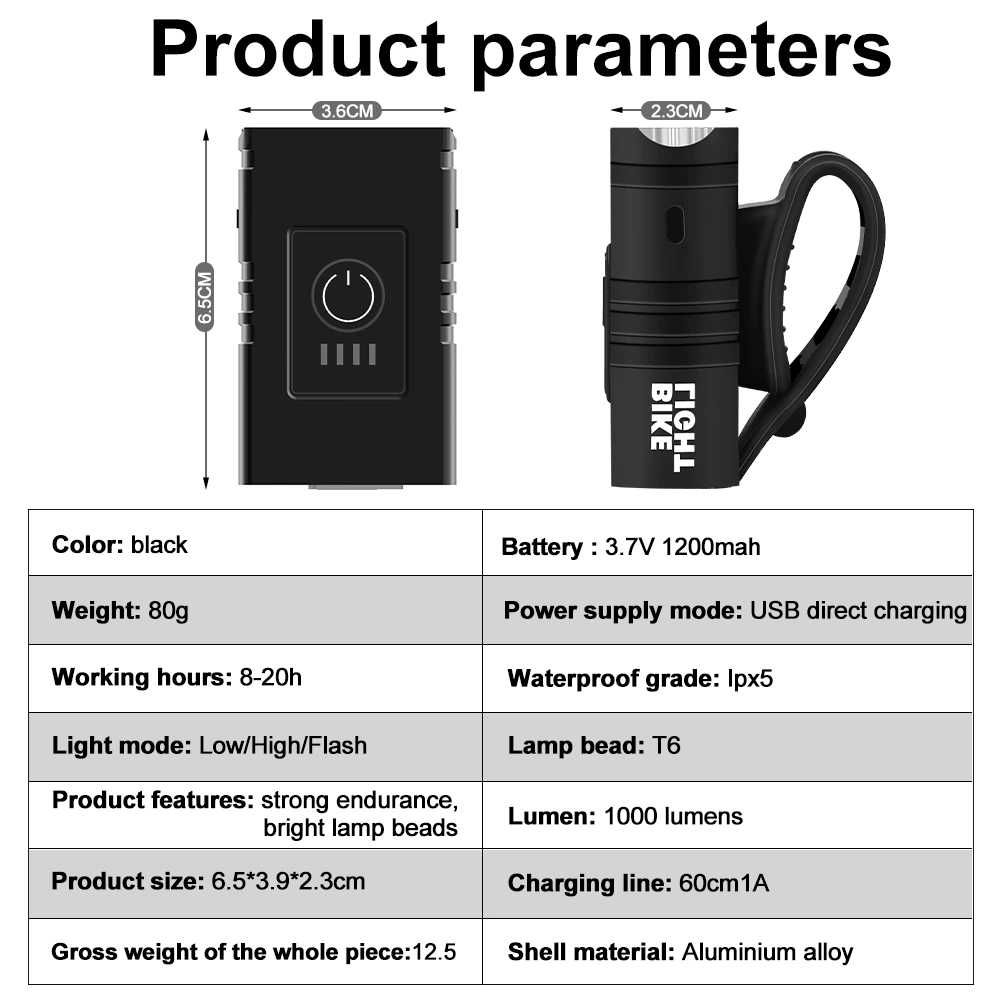 Luz LED Dianteira para bicicleta T6 10W 1000LM USB Recarregável.