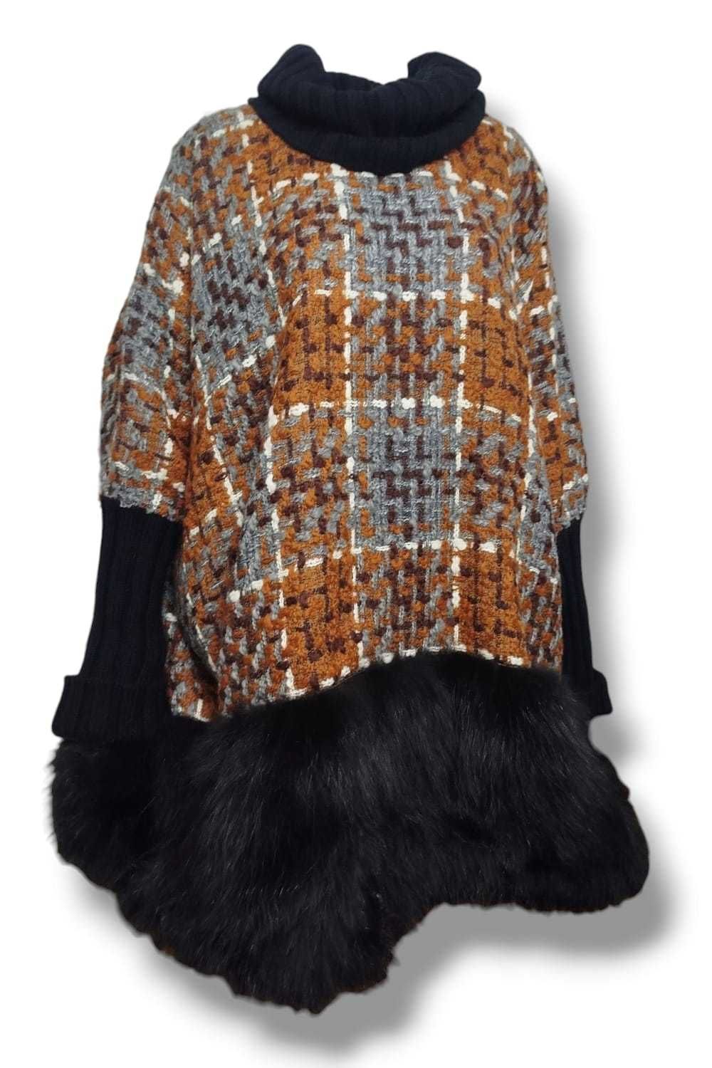 NWT Dolce & Gabbana Tweed Turtle Neck Poncho Real Fur