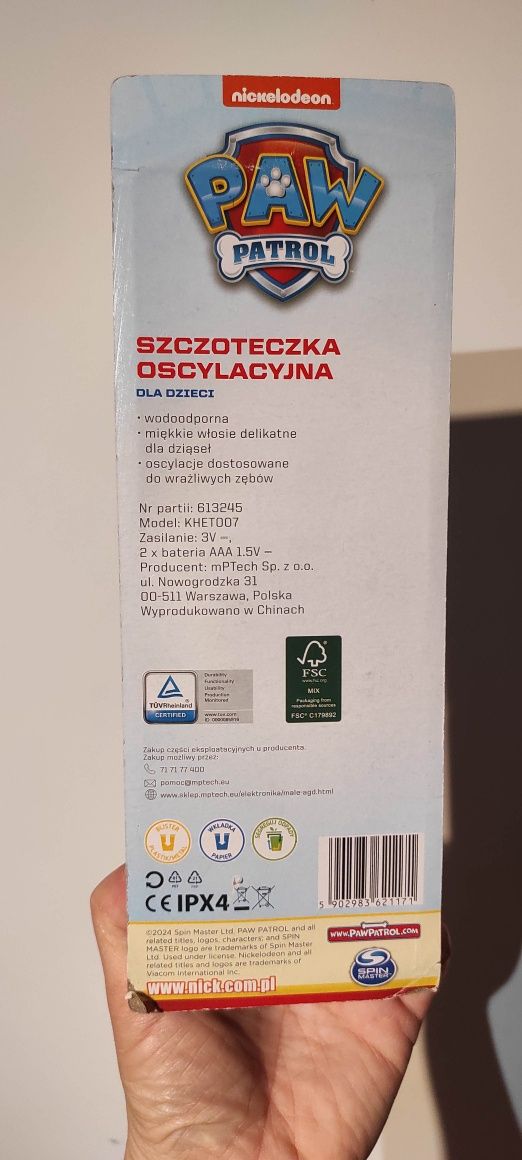 Szczoteczka do zębów dla dzieci oscylacyjna psi patrol chase Nickelode