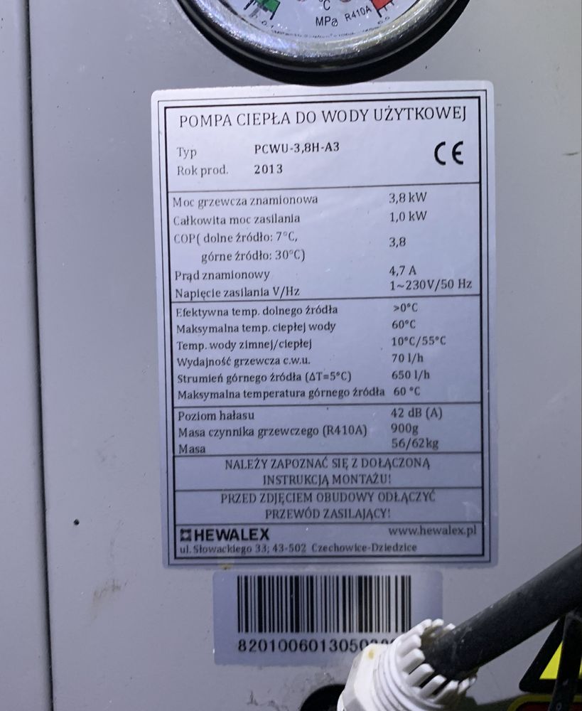 Sprzedam pompę ciepła PCWU-3,8H-A3 firmy HEWALEX, uszkodzona