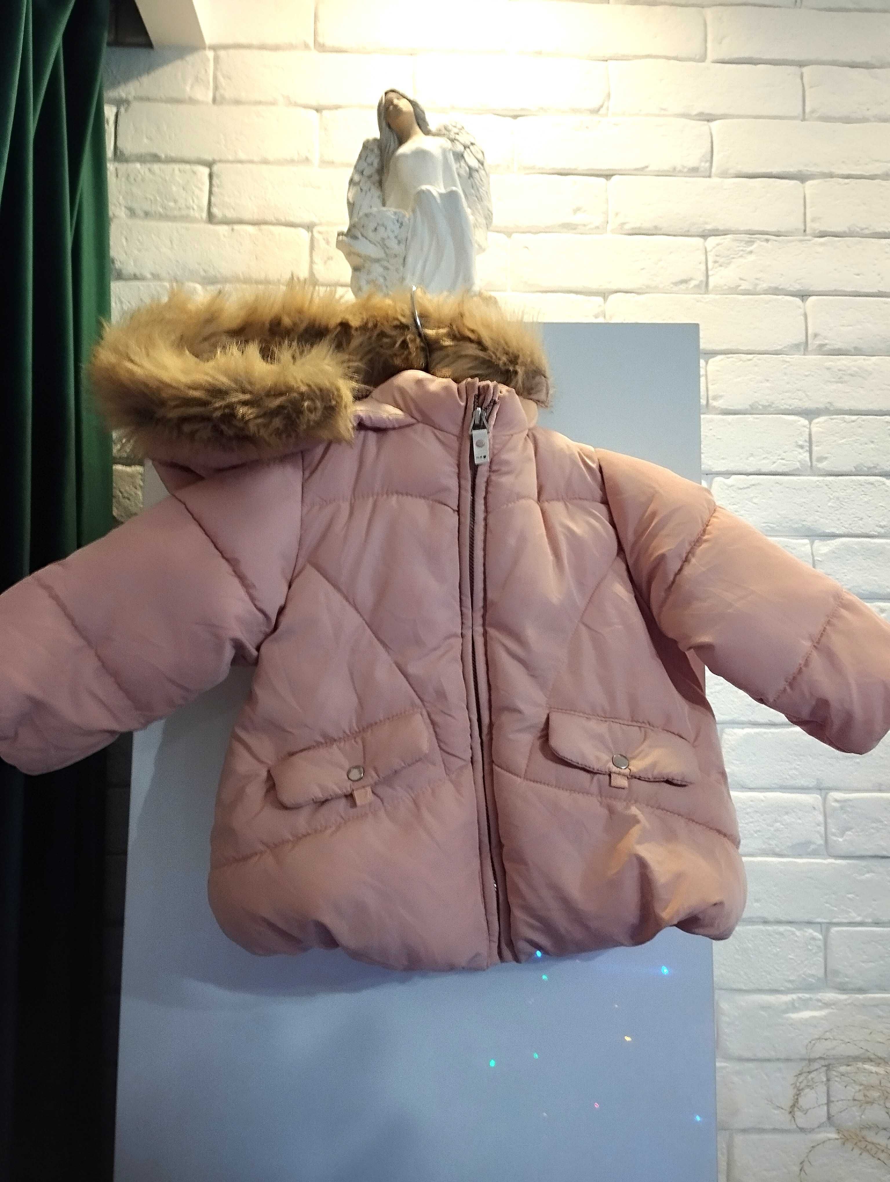 Kurtka Zara puder r 80 9/12 mcy czapka czarna pompon rekawiczki h&m