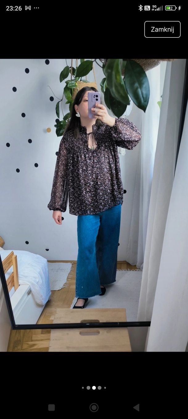 M/L/xl czarna w kwiaty luźna rozkloszowana bluzeczka koszula wiązana b