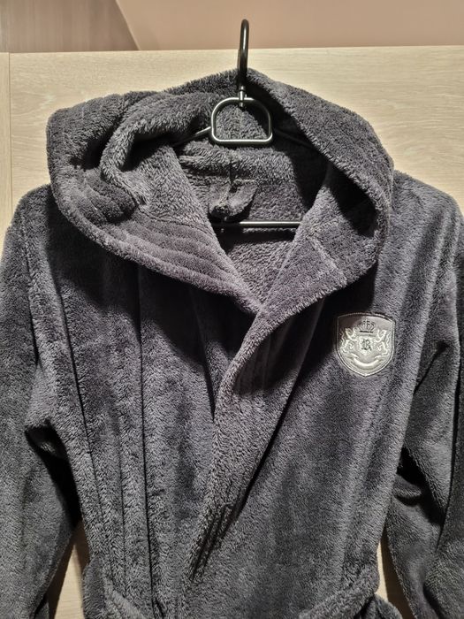 Szlafrok chłopięcy szary ciepły pluszowy z kapturem 146 152 kąpielowy