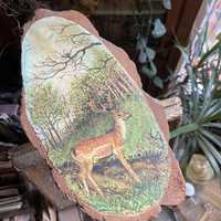 Stary obrazek na drewnie jeleń las myślistwo polowanie obraz malowany