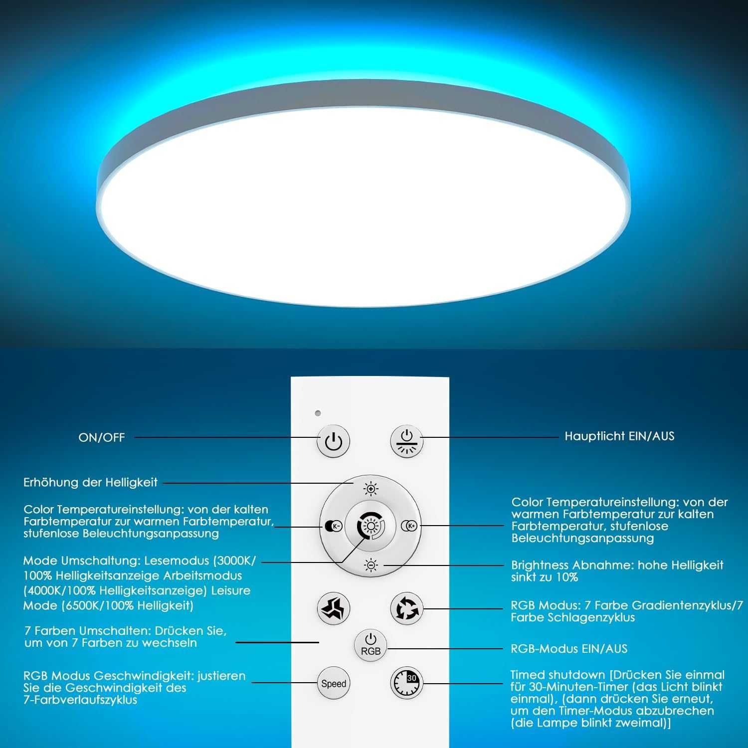 Lampa sufitowa LED, ściemniana,z pilotem,24 W,RGB, zmiana koloru spm85