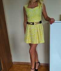 LUKSUSOWA sukienka rozszerzana mini żółta biała S M glamour! GRATIS W.