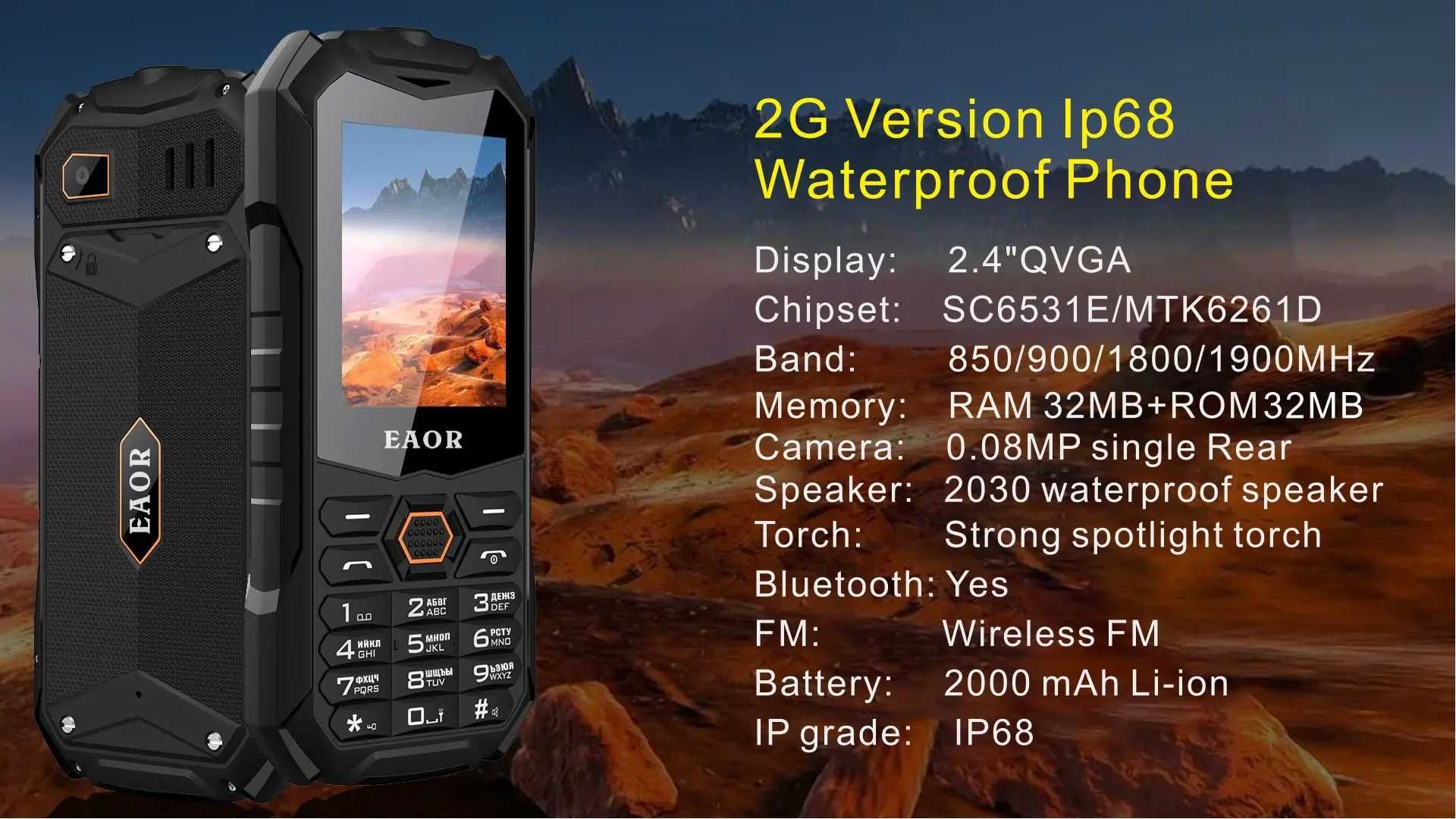 телефон защищенный водонепроницамый кнопочный EAOR на 2 SIM IP68 2.4"