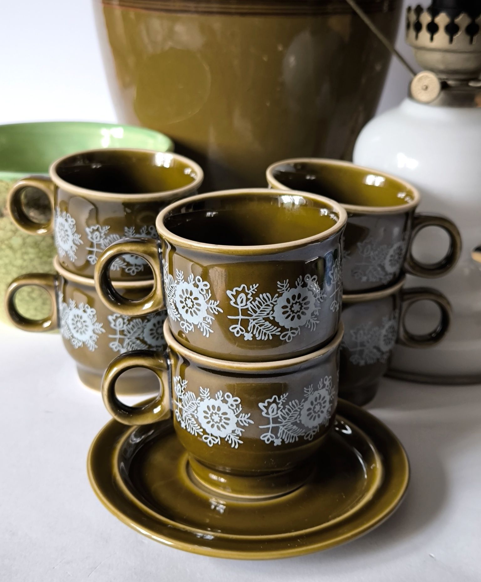 Filiżanki zielone Pruszków 6 sztuk piękny stary porcelit