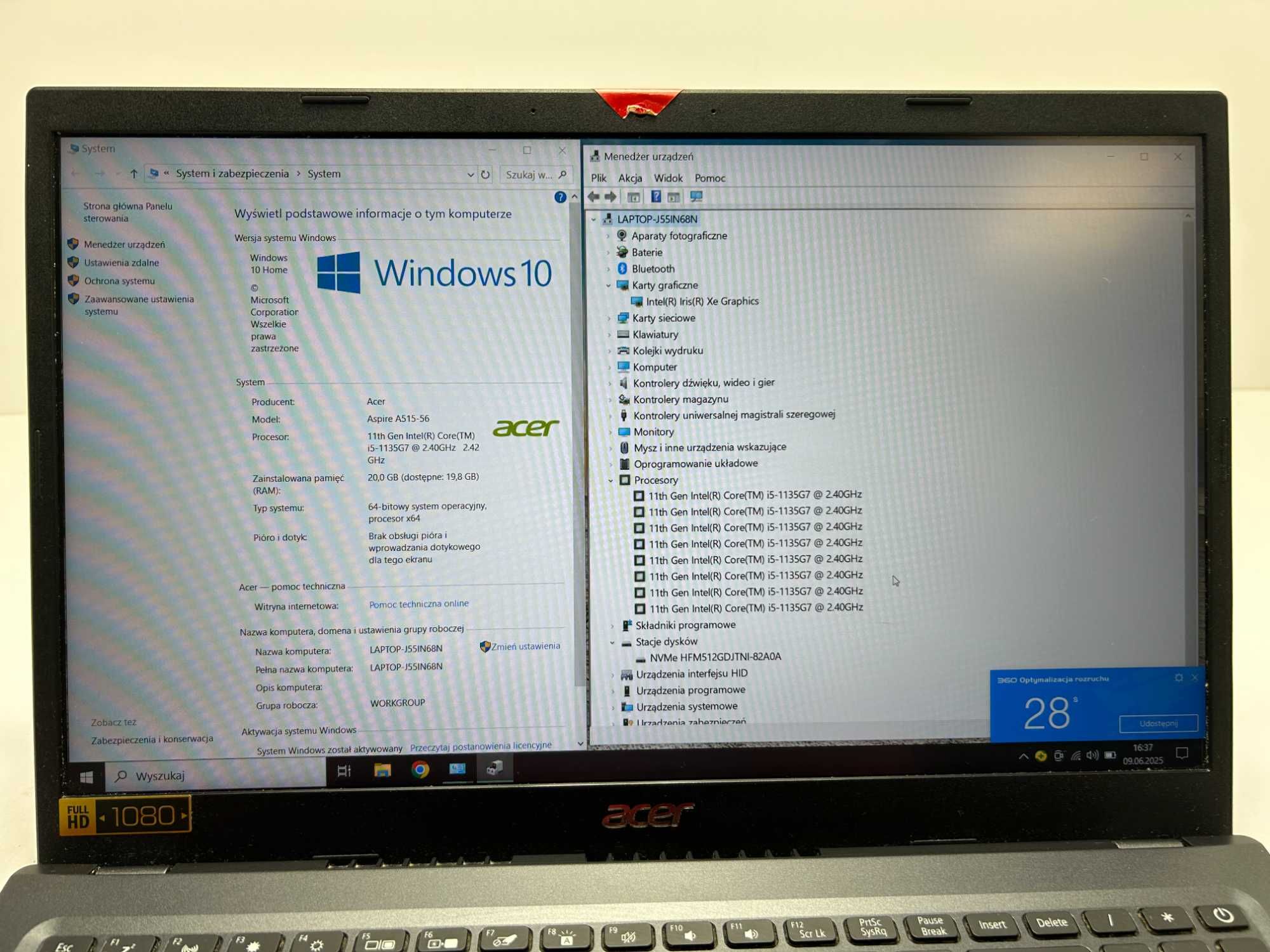 Laptop Acer Aspire  5 15,6 " Intel Core i5-1135g7 20GB / 512GB czarny