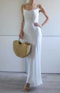 Zara długa biała satynowa sukienka maxi white slip dress silk 36 S