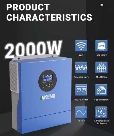 Inversor solar híbrido ANENJI 2000w 220V onda senoidal pura - WiFi