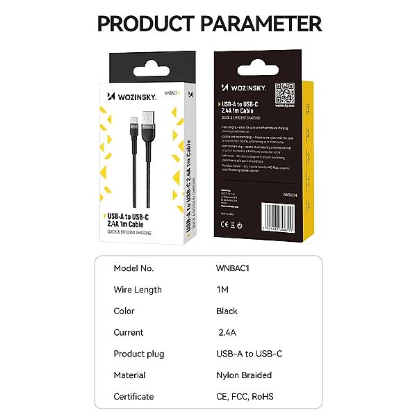 Kabel Wozinsky WNBAC2 USB-A / USB-C 2.4A 2 m - czarny