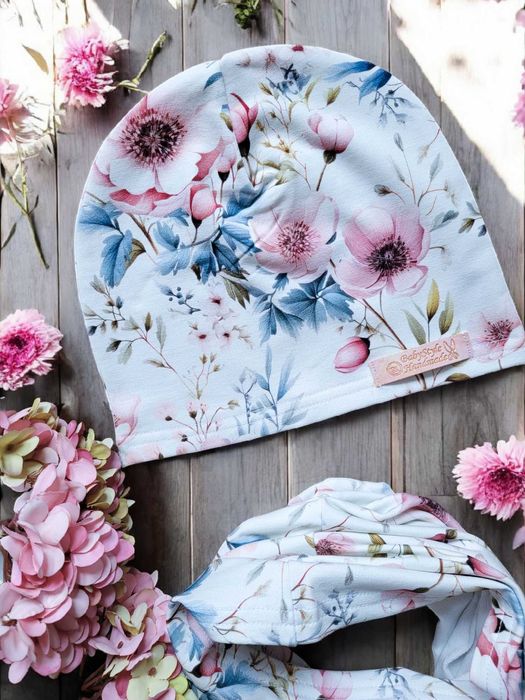 wiosna wiosenny komplet dla dziewczynki czapka komin chusta kwiaty