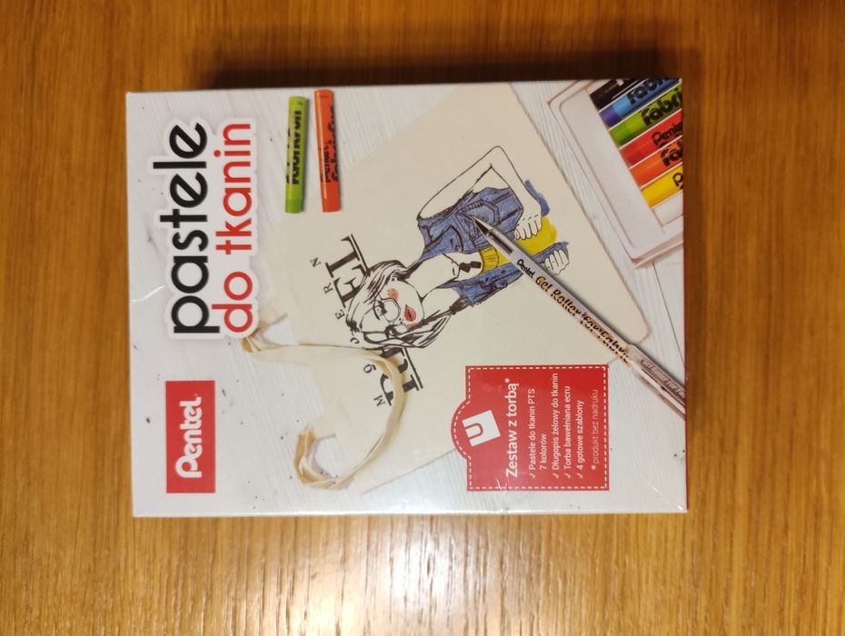 Pastele do tkanin + torba  + długopis żelowy + szablony