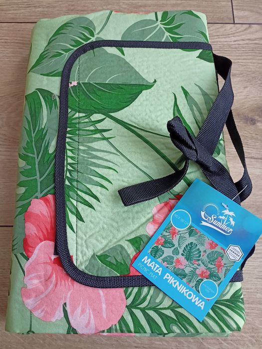 Zielona mata piknikowa plażowa koc 140x180 cm składana liście monstera