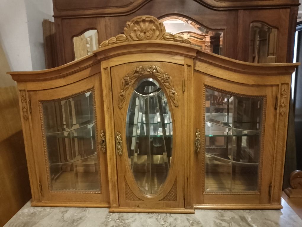 Piękny stary komplet kredens + pomocnik antyk  jasny dąb z marmurem