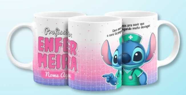 Canecas Estampadas Profissões  do Stitch, dá para Colocar o Nome