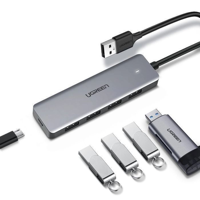 Ugreen HUB USB - 4x USB 3.2 Gen 1 z portem zasilania micro USB szary