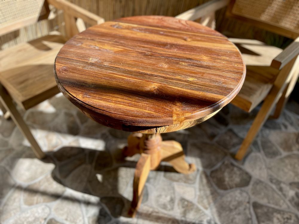 Okragły stolik wysoki stare drewno teak kolonialny ogród salon ludwik