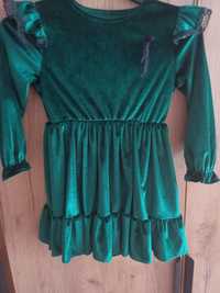 Śliczna welurowa sukienka 3-4 latka 98-104cm zielona butelkowa zieleń