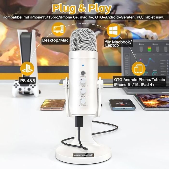 Zealsound Mikrofon USB, k66, perłowo-biały A26