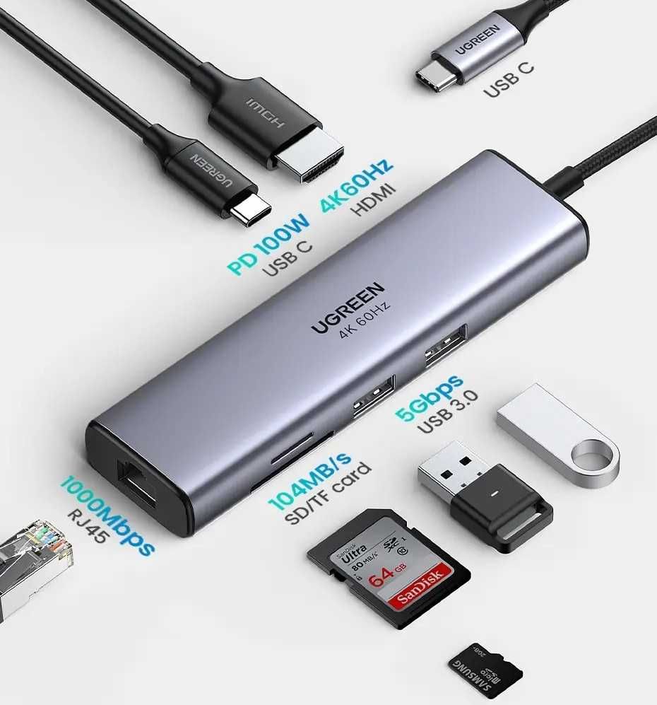 UGREEN hub 7 in 1 HDMI 4K 60Hz, Type C ,PD 100W, RJ45, SD/TF, USB-A