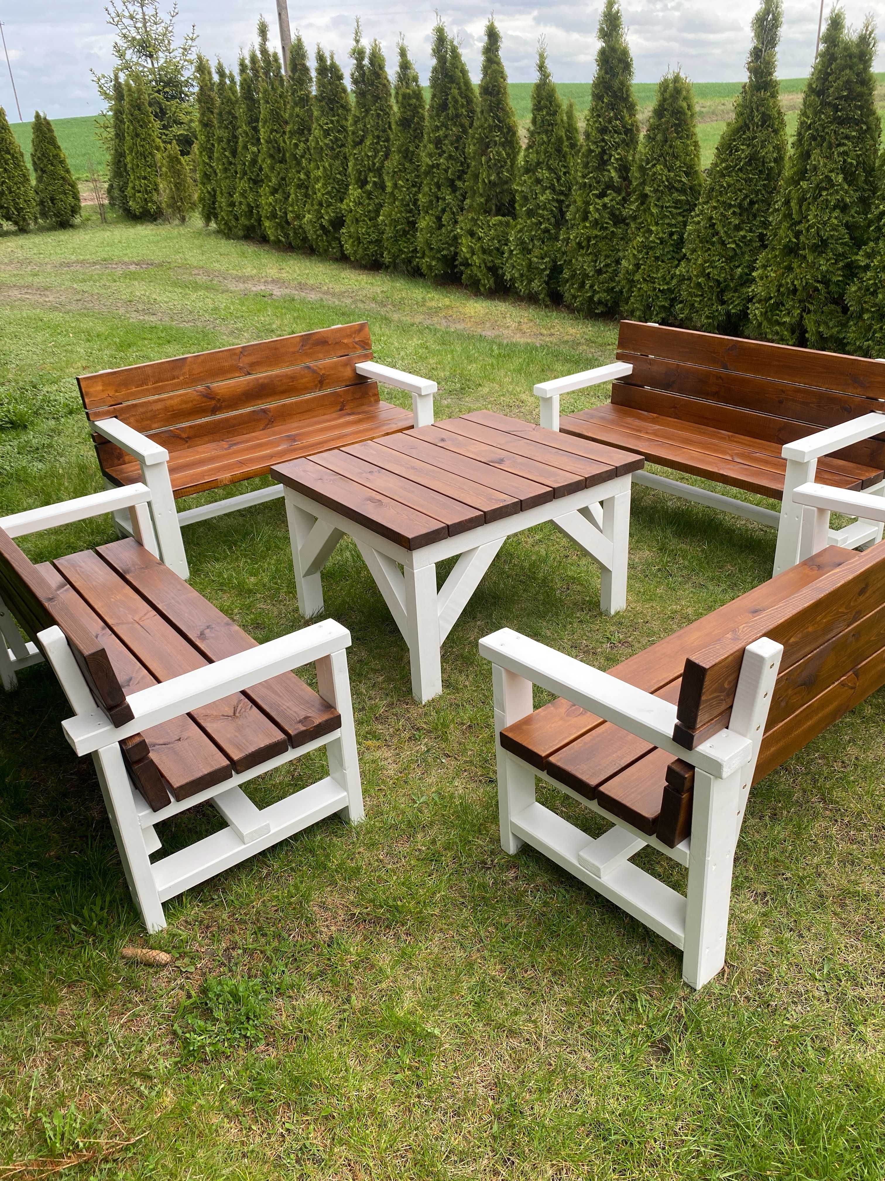 Meble ogrodowe drewniane, komplet 4 ławki i stół, solidne i masywne